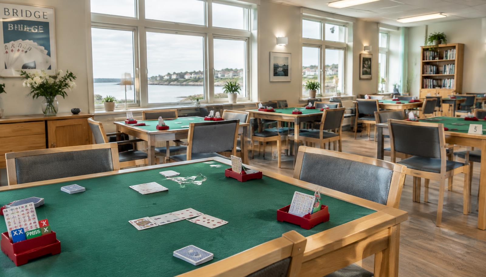 Bright bridge club room with card tables